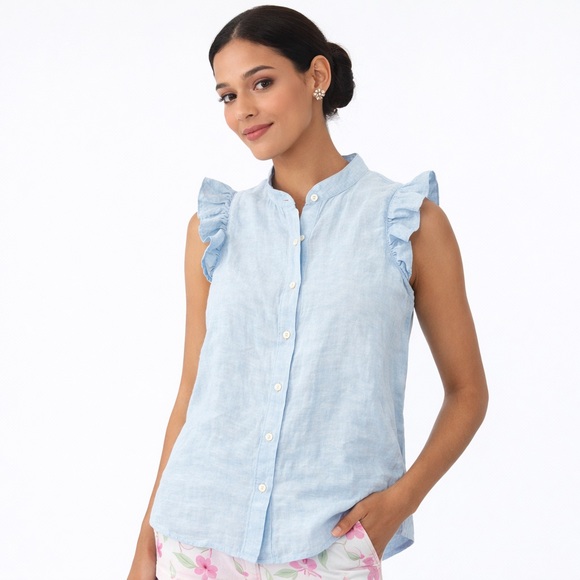 Lilly Pulitzer Tops - Lilly Pulitzer Briette Linen Button Down Top Celestial Blue Ruffle Sleeve M NWT